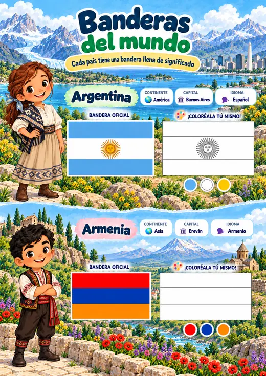 Página de Banderas y Mapas: Argentina y Armenia, con bandera oficial, continente, capital, idioma y bandera para colorear