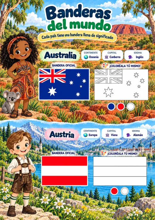 Página de Banderas y Mapas: Australia y Austria, con bandera oficial, continente, capital, idioma y bandera para colorear