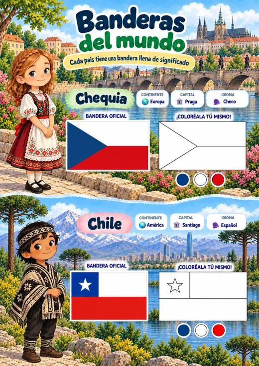 Página de Banderas y Mapas: Chequia y Chile, con bandera oficial, continente, capital, idioma y bandera para colorear