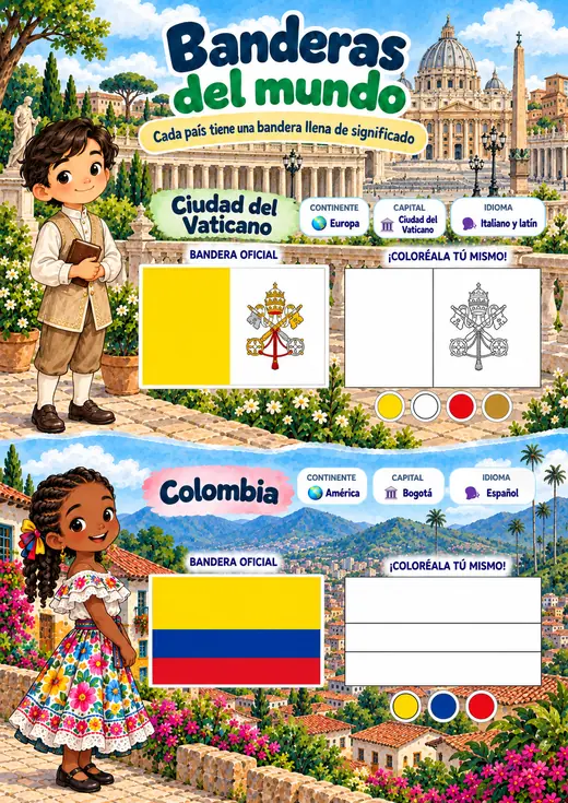 Página de Banderas y Mapas: Ciudad del Vaticano y Colombia, con bandera oficial, continente, capital, idioma y bandera para colorear