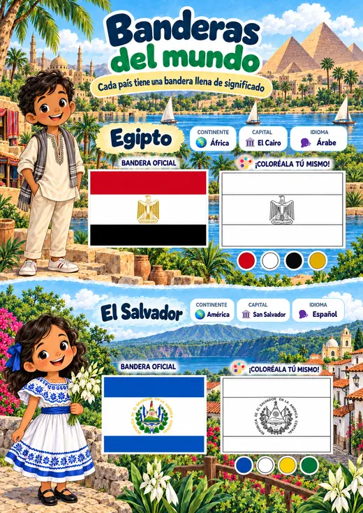 Página de Banderas y Mapas: Egipto y El Salvador, con bandera oficial, continente, capital, idioma y bandera para colorear