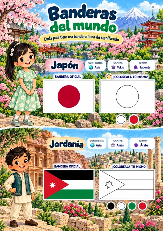 Página de Banderas y Mapas: Japón y Jordania, con bandera oficial, continente, capital, idioma y bandera para colorear