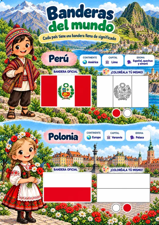 Página de Banderas y Mapas: Perú y Polonia, con bandera oficial, continente, capital, idioma y bandera para colorear