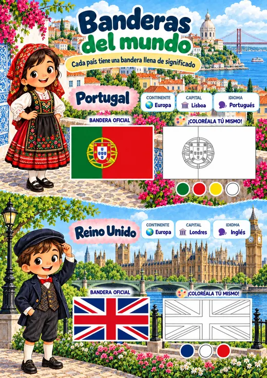 Página de Banderas y Mapas: Portugal y Reino Unido, con bandera oficial, continente, capital, idioma y bandera para colorear